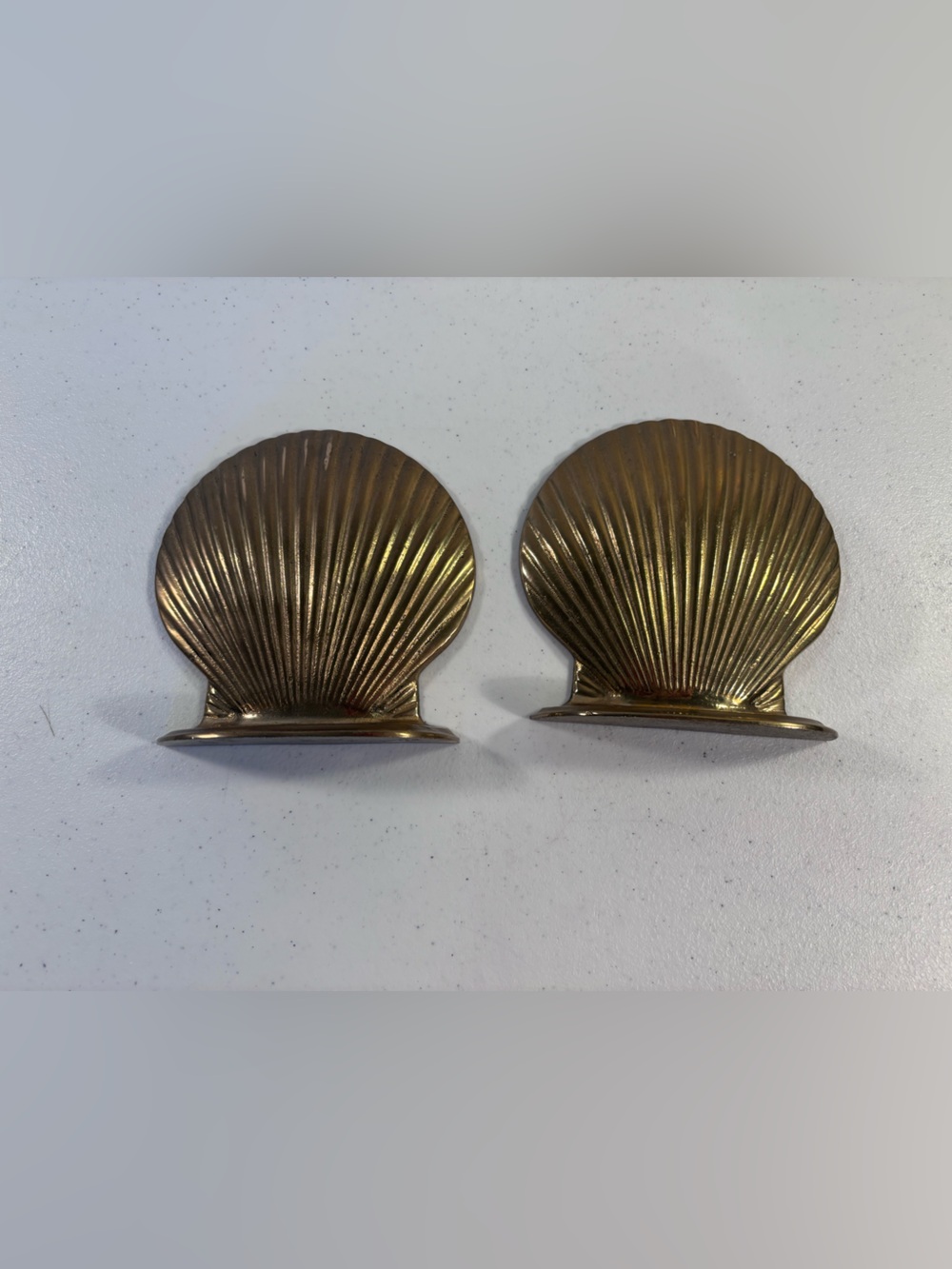 Gold Shell brass bookends. Vintage/mid century/Decorative Home Accent (Pair)